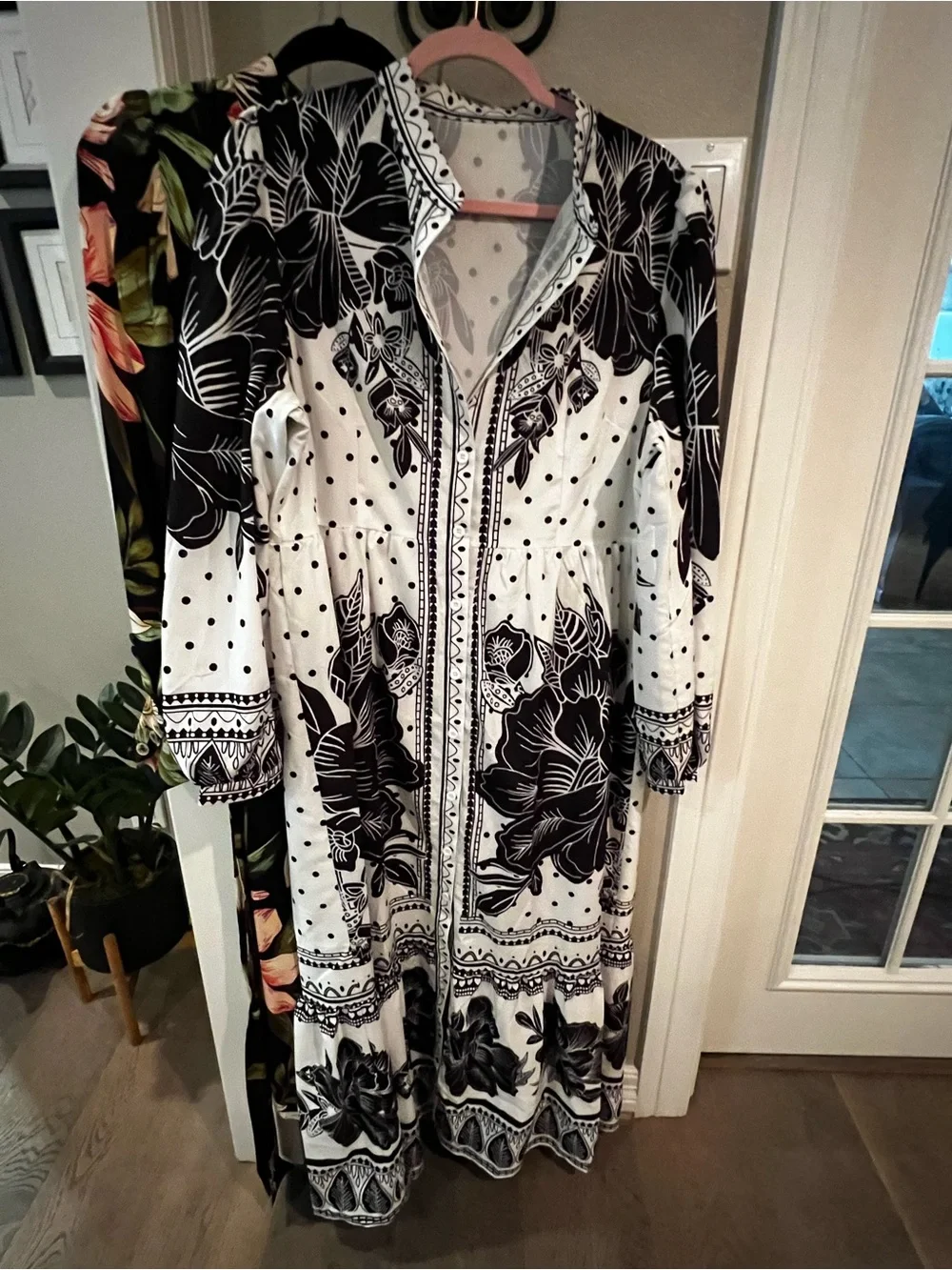 Boutique Black White Floral Maxi Shirt Dress L XL Modest Statement Boho Chic